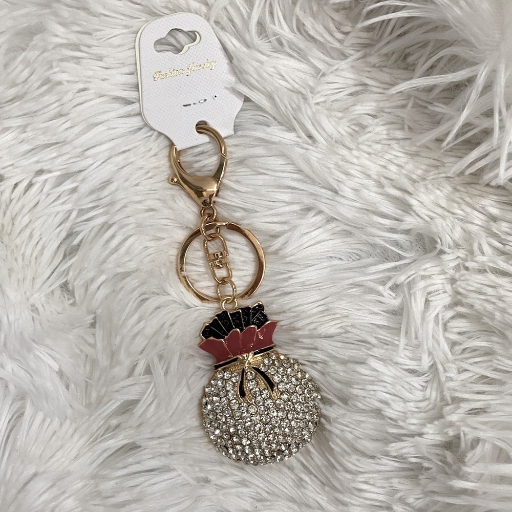 NWT rhinestone metal money bag keychain